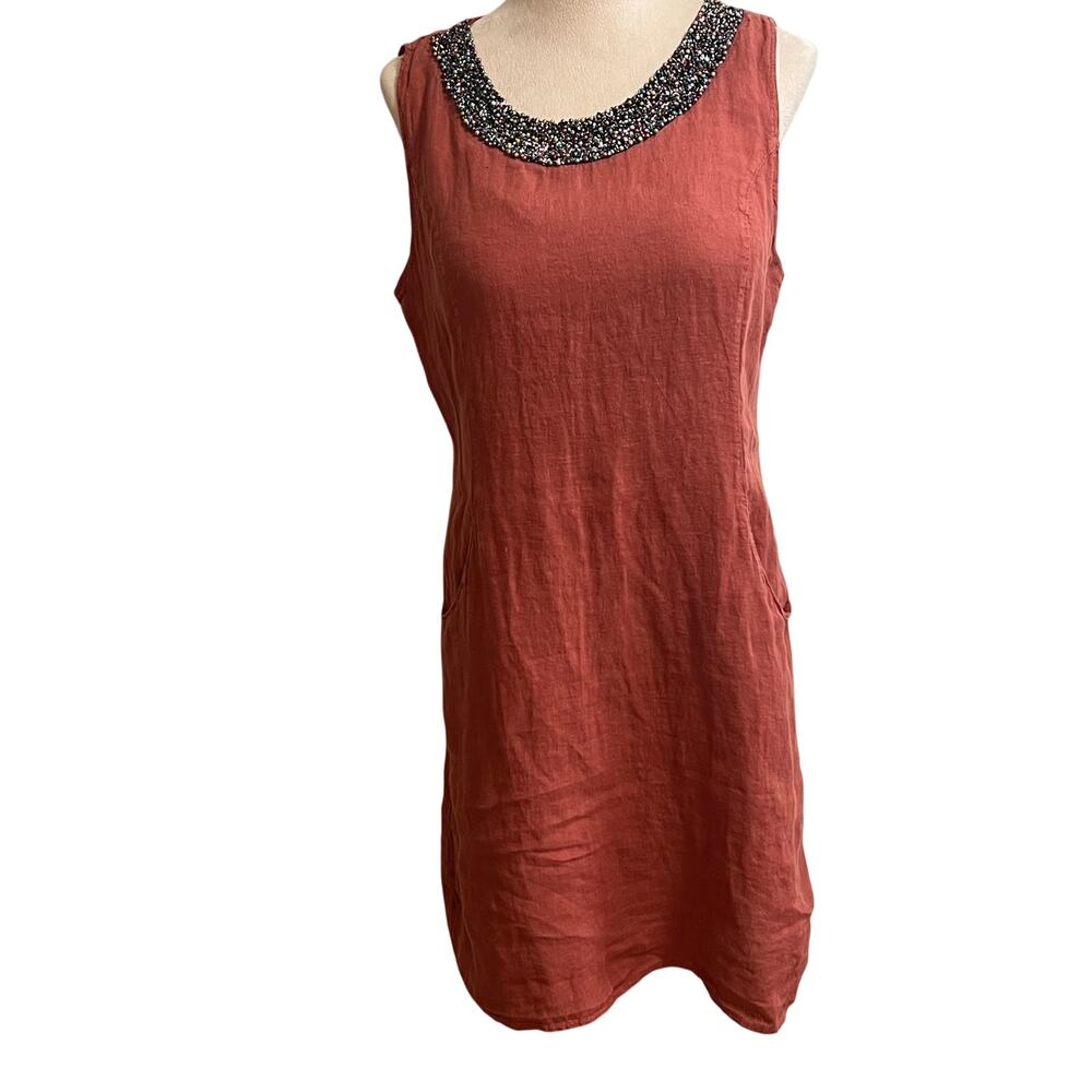 Lina Tome Made in Italy Linen Beaded Shift Dress L Rust Sleeveless Pockets